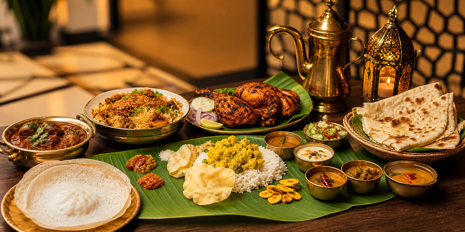 A generous spread of Kerala, Indian, and Arabic dishes on a restaurant table
